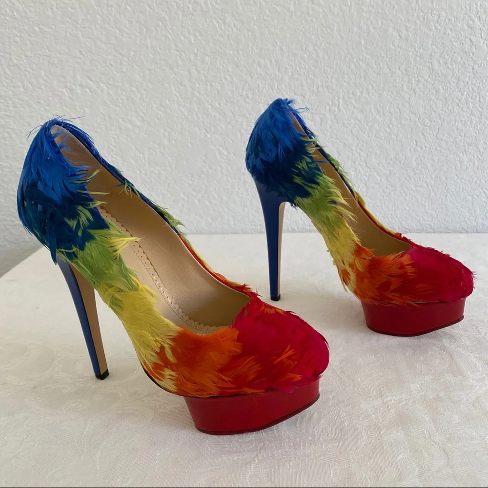 Charlotte Olympia Dolly Rainbow Feathered Pump